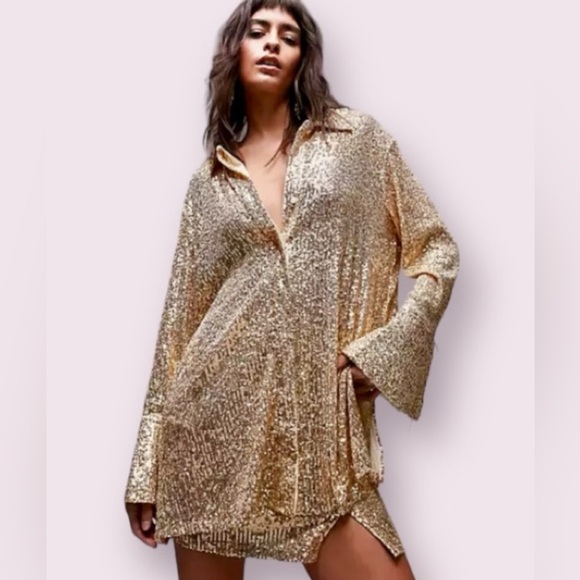Topshop Tops - Topshop Gold co-ord sequin oversized shirt